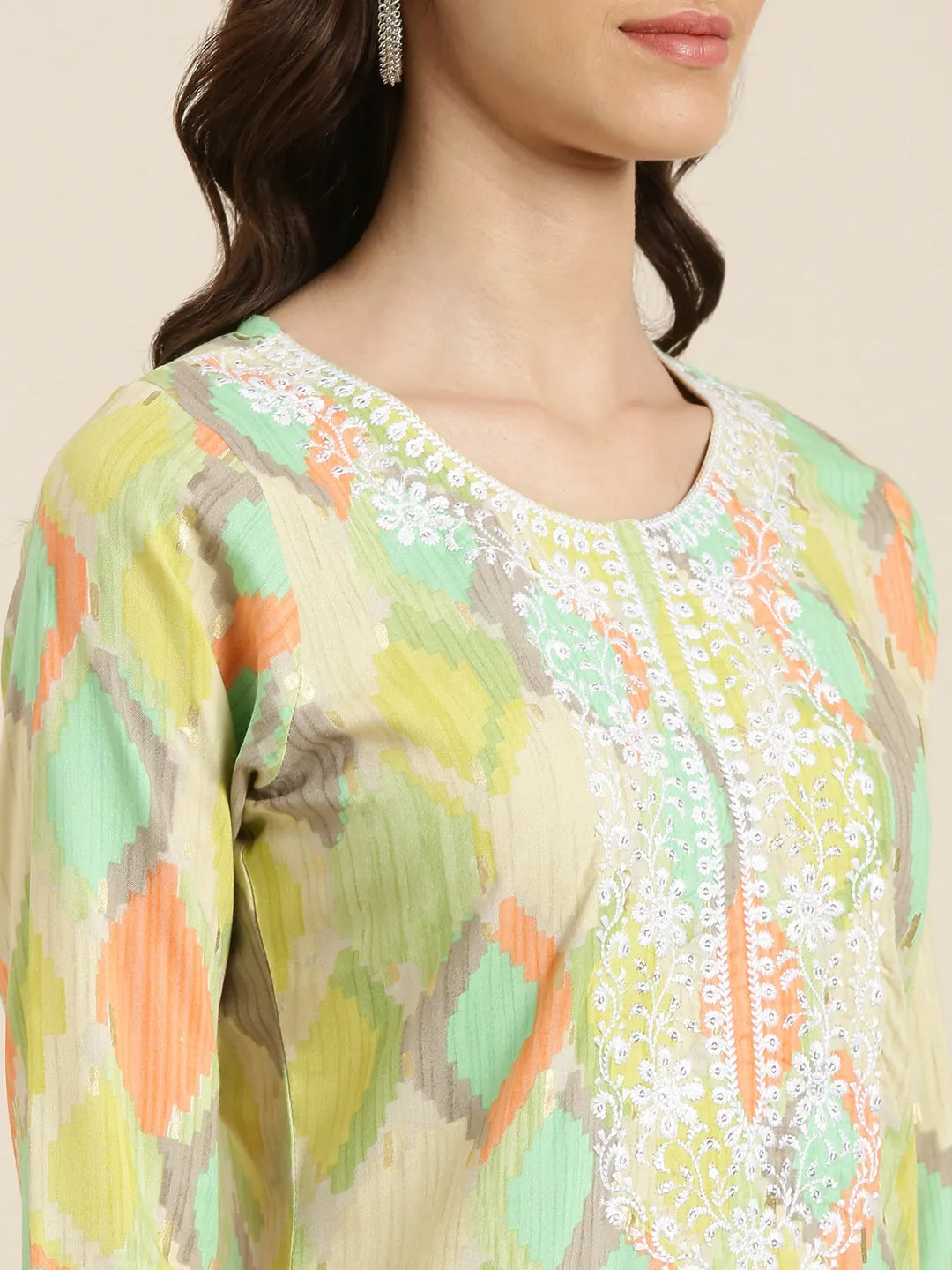 Women Multi Abstract Printed Thread Work Kurta