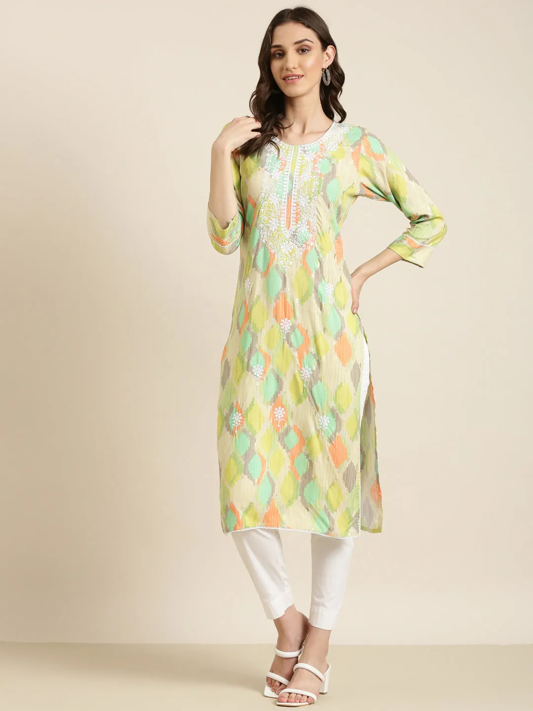 Women Multi Abstract Printed Thread Work Kurta