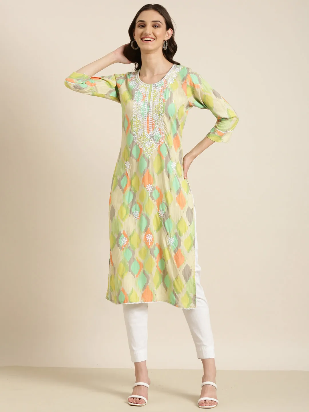 Women Multi Abstract Printed Thread Work Kurta