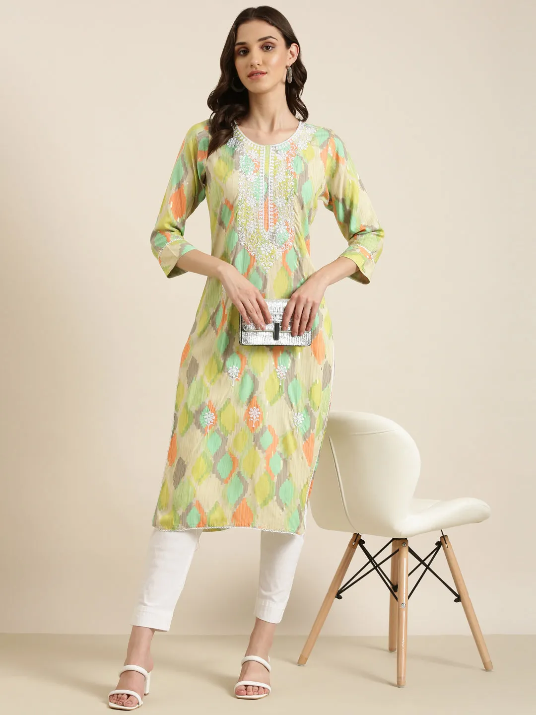 Women Multi Abstract Printed Thread Work Kurta