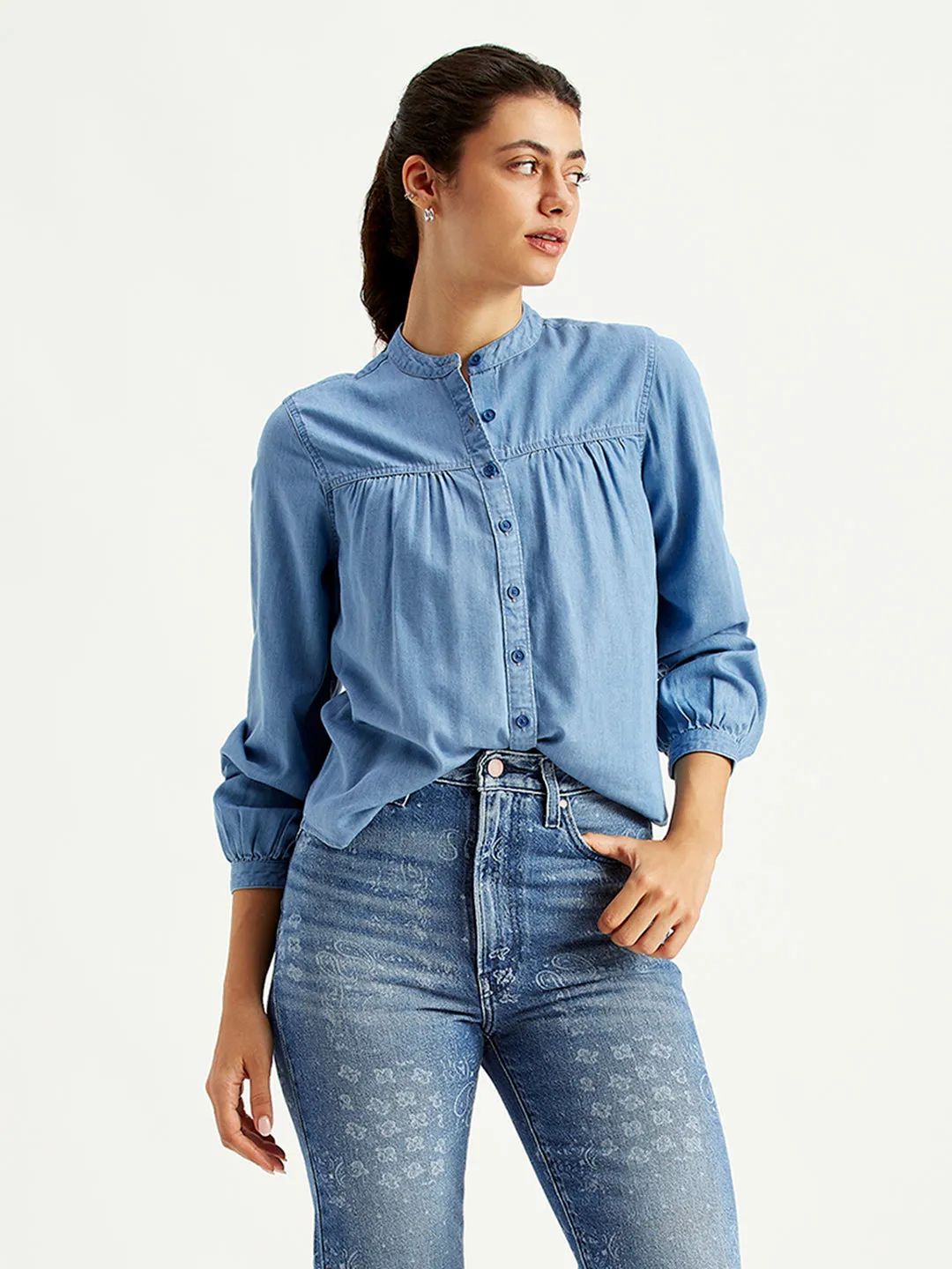 Women's Solid Blue Band Neck Top