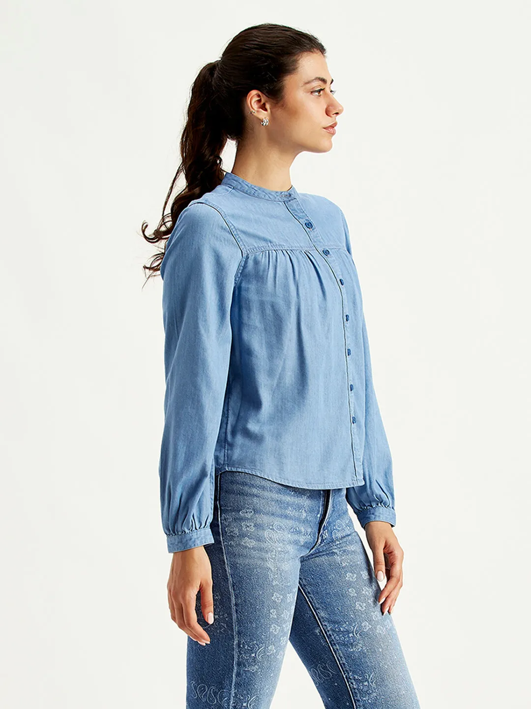 Women's Solid Blue Band Neck Top