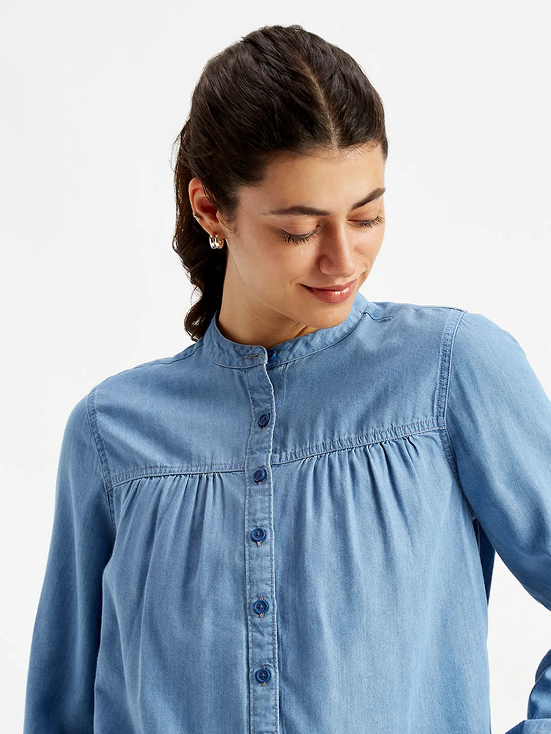Women's Solid Blue Band Neck Top