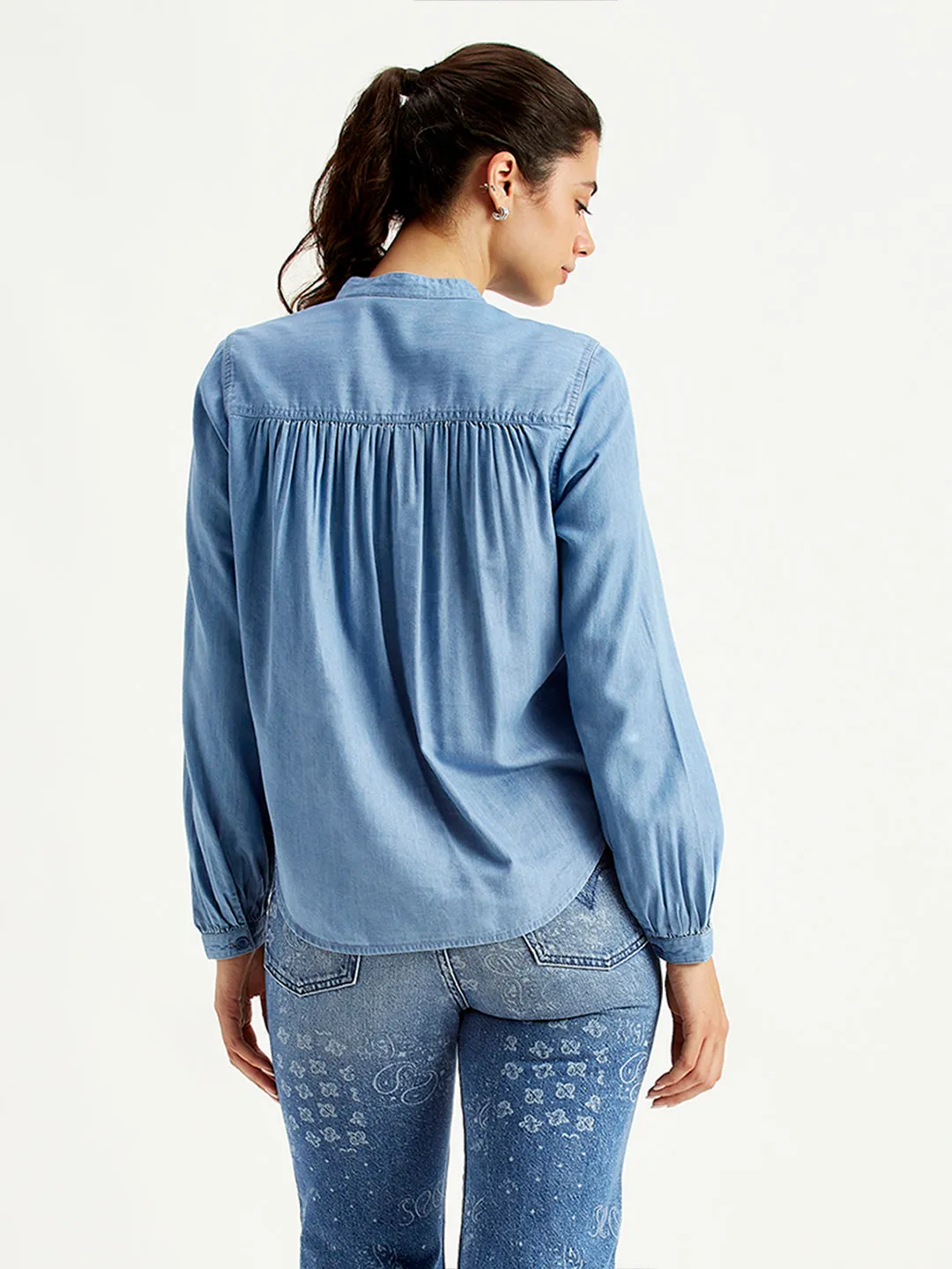 Women's Solid Blue Band Neck Top